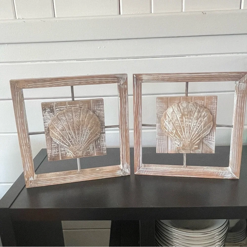 $15 SALE 2Pc Wooden Coastal Shell Wall Art Set Cream Tan Sea Ocean Nautical